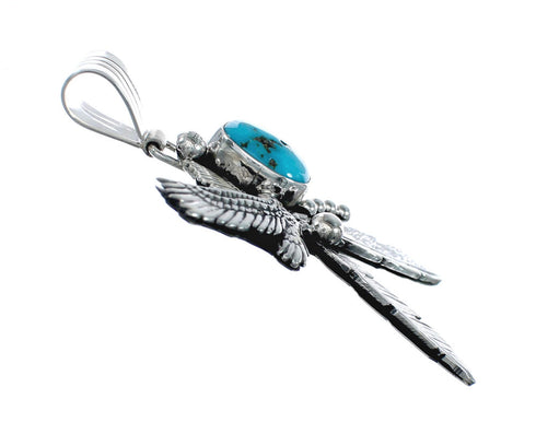 Eagle And Feathers Turquoise Sterling Silver Navajo Pendant NX11680
